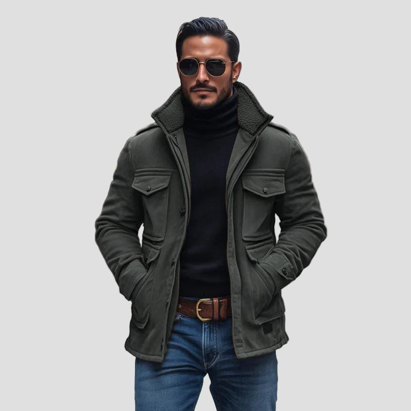 Theo | Vintage Suede Fleece Collar Patchwork Multi-Pocket Zipper Coat