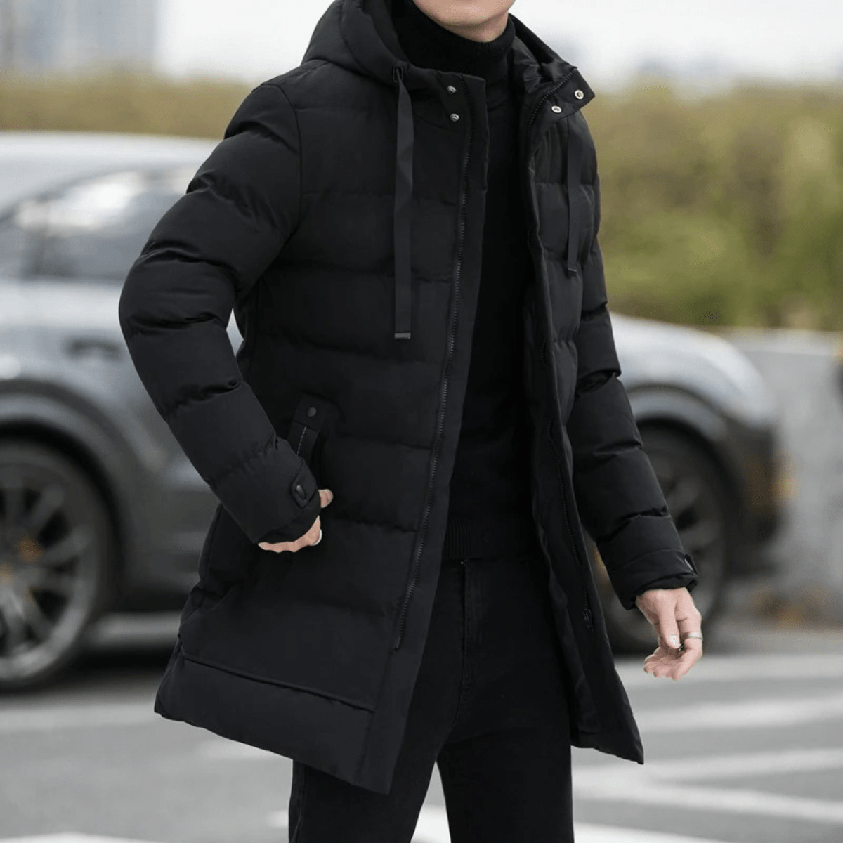 Bexley | Stylish Longline Black Puffer Coat for Men - Rob Stevenson