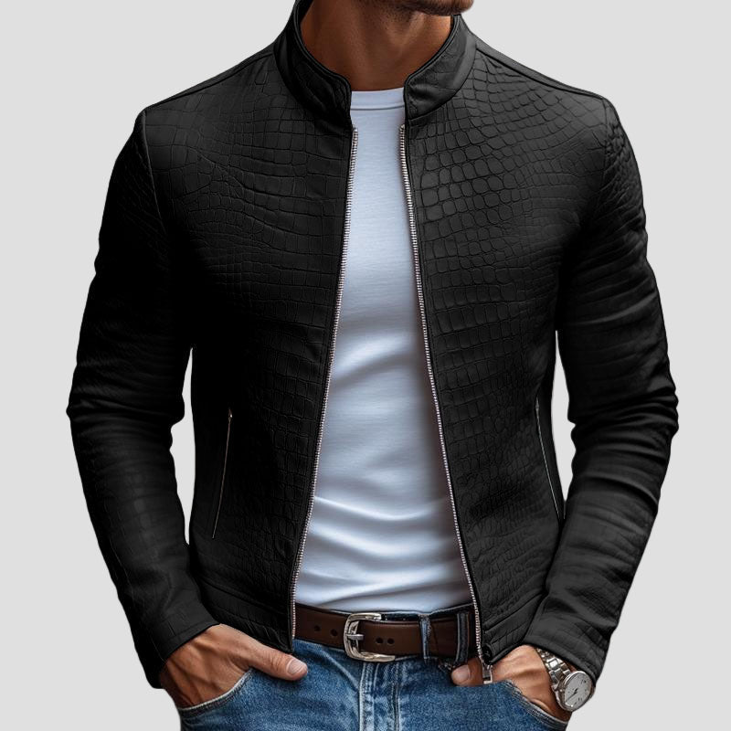 Nolan | Fashion Stone Pattern Stand Collar Slim Fit Leather Jacket