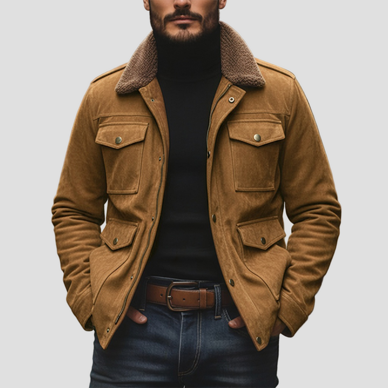 Theo | Vintage Suede Fleece Collar Patchwork Multi-Pocket Zipper Coat