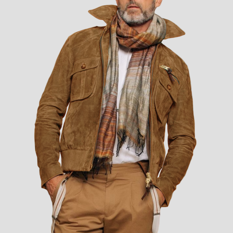 Hudson | Retro Lapel Zipper Breast Pocket Suede Jacket