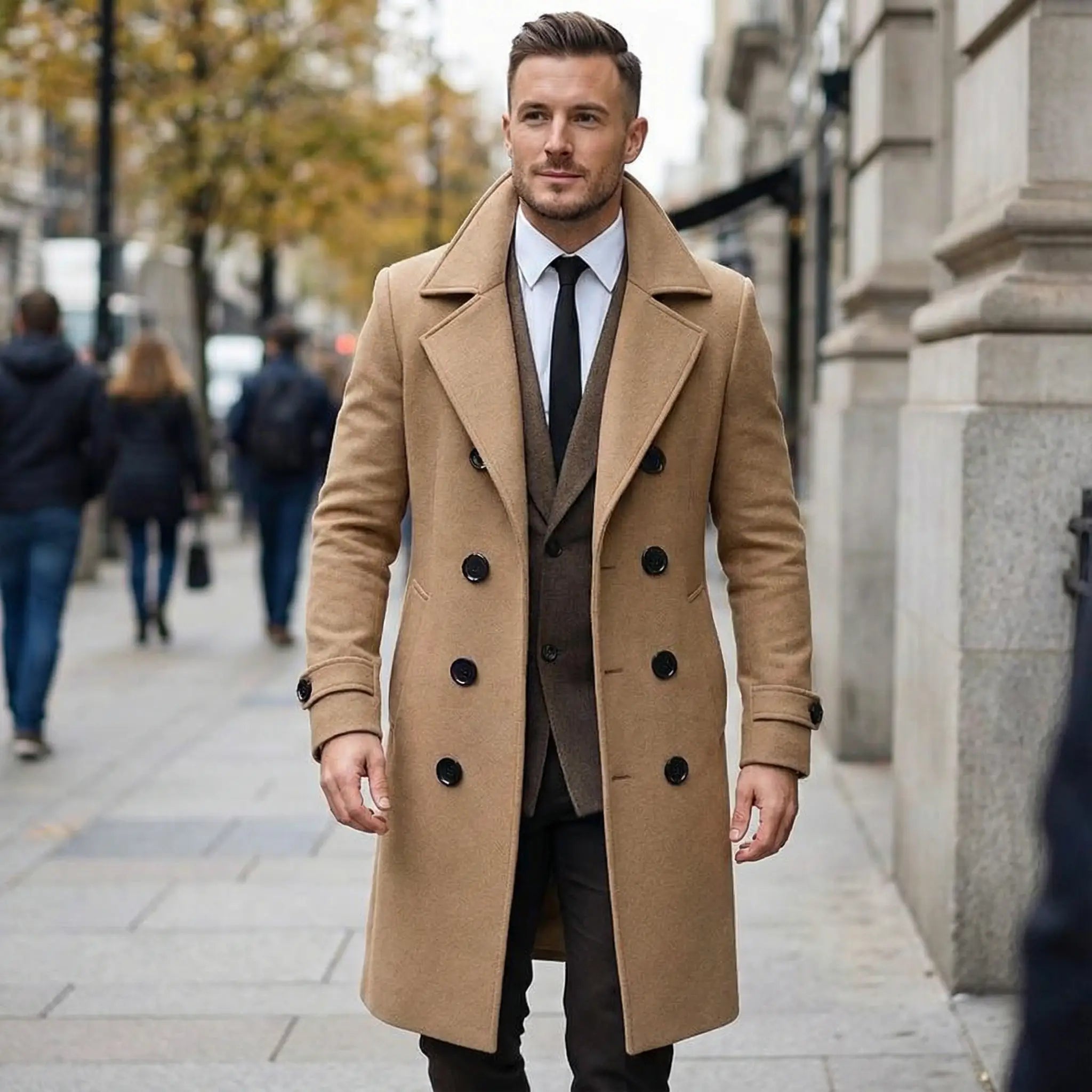 Sawyer | Solid Notch Lapel Double - Breasted Long Coat - Rob Stevenson