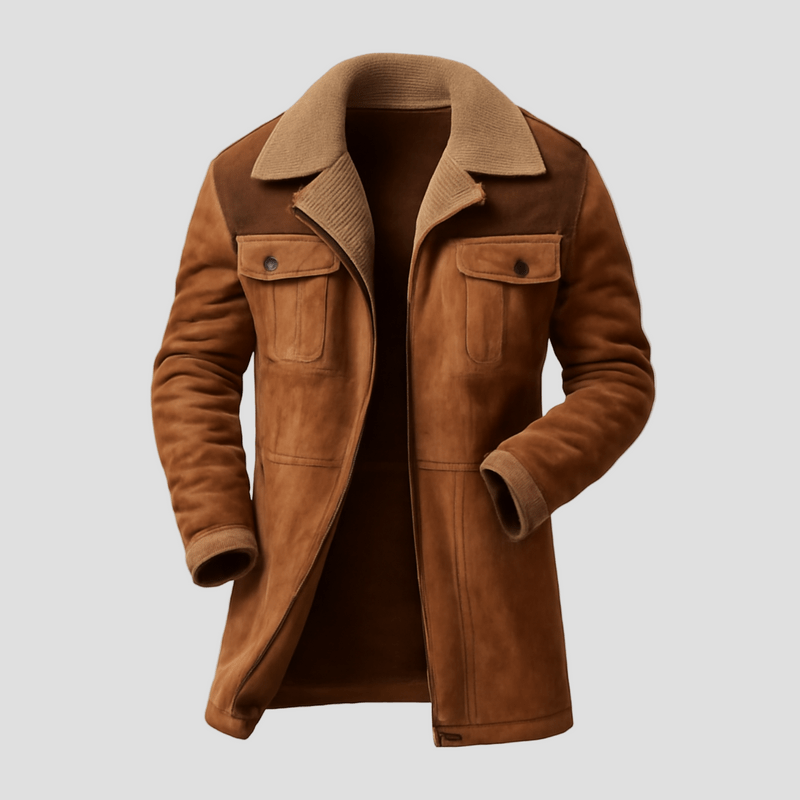 Declan | Colorblock Suede and Polar Fleece Lapel Mid - Length Coat - Rob Stevenson