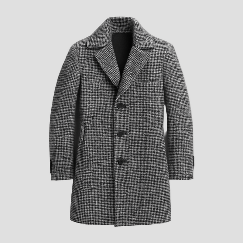 Asher | Classic Houndstooth Notch Lapel Single - Breasted Mid - Length Coat - Rob Stevenson