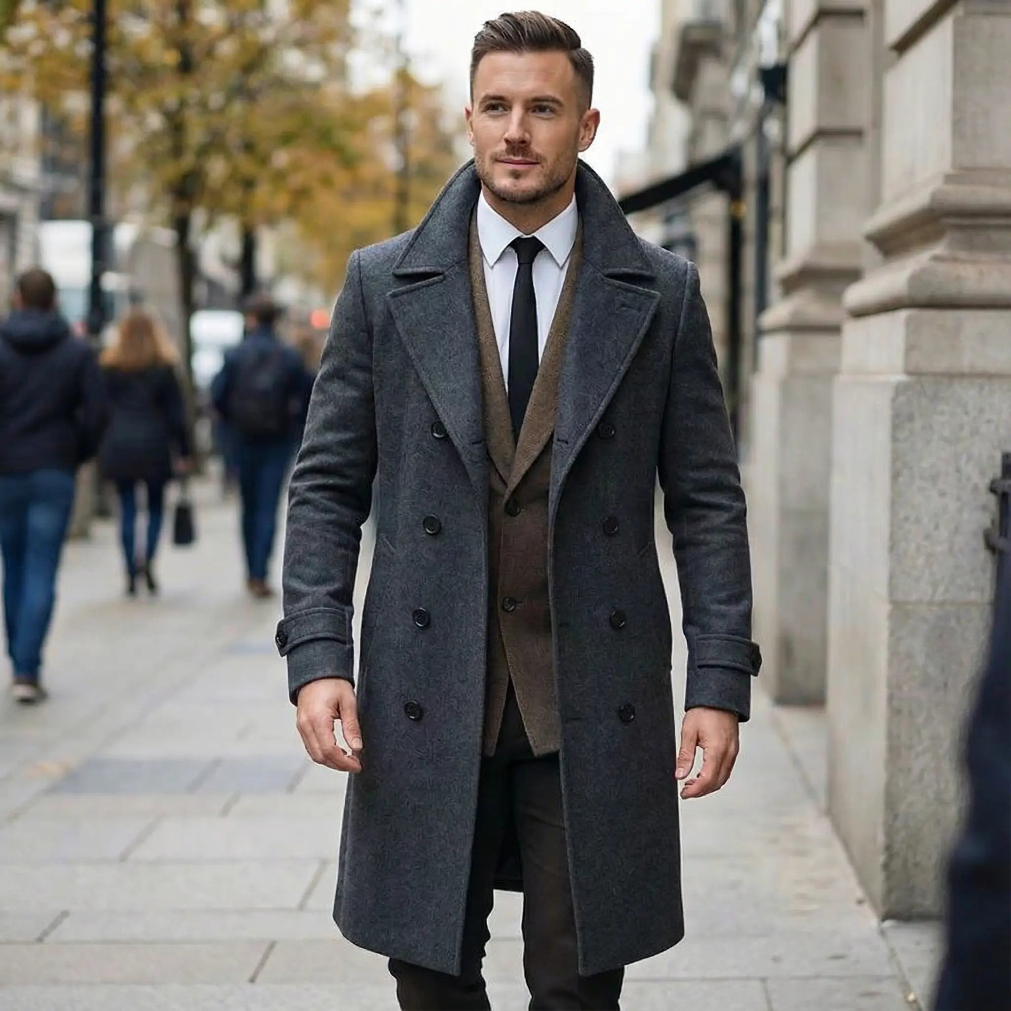 Sawyer | Solid Notch Lapel Double - Breasted Long Coat - Rob Stevenson