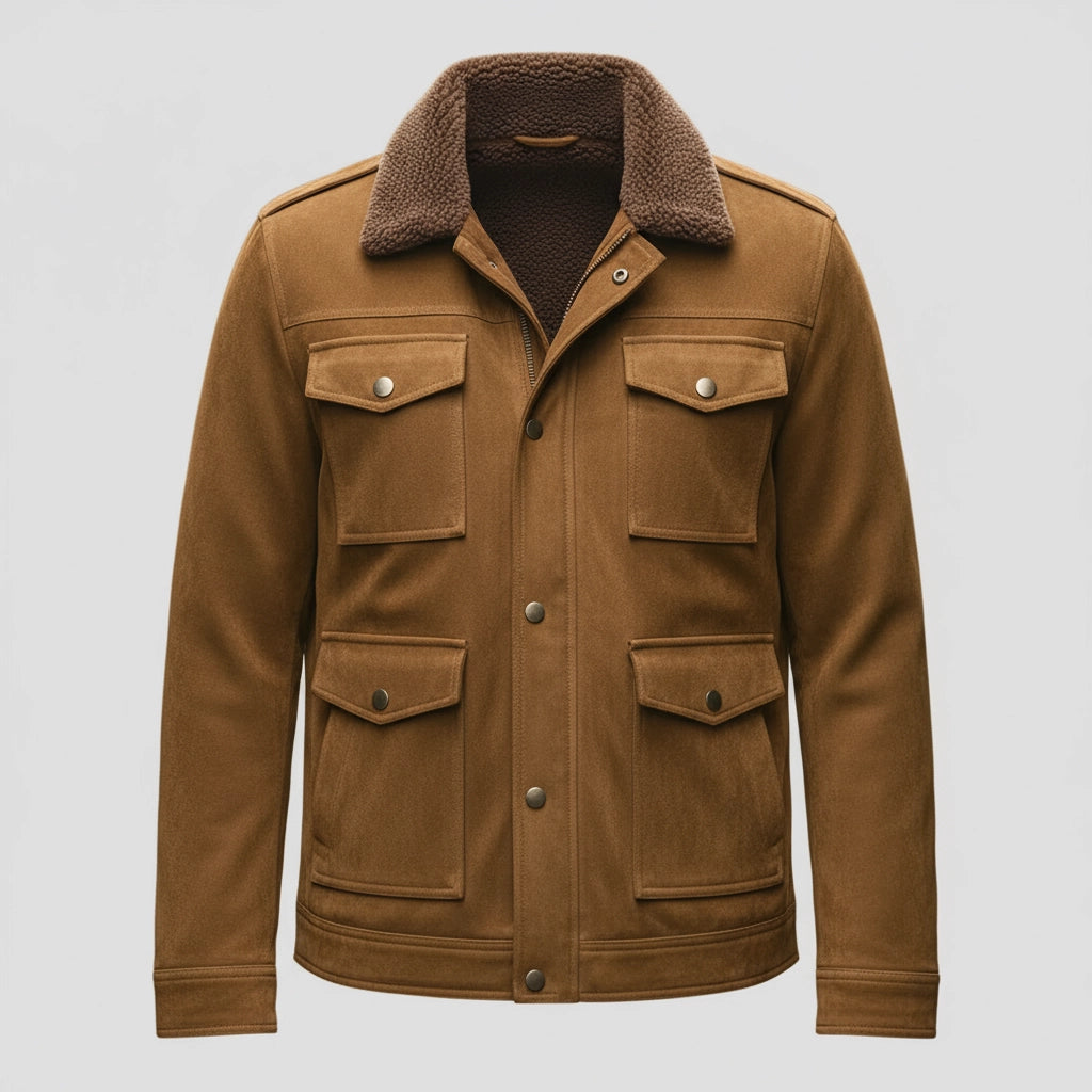 Theo | Vintage Suede Fleece Collar Patchwork Multi-Pocket Zipper Coat