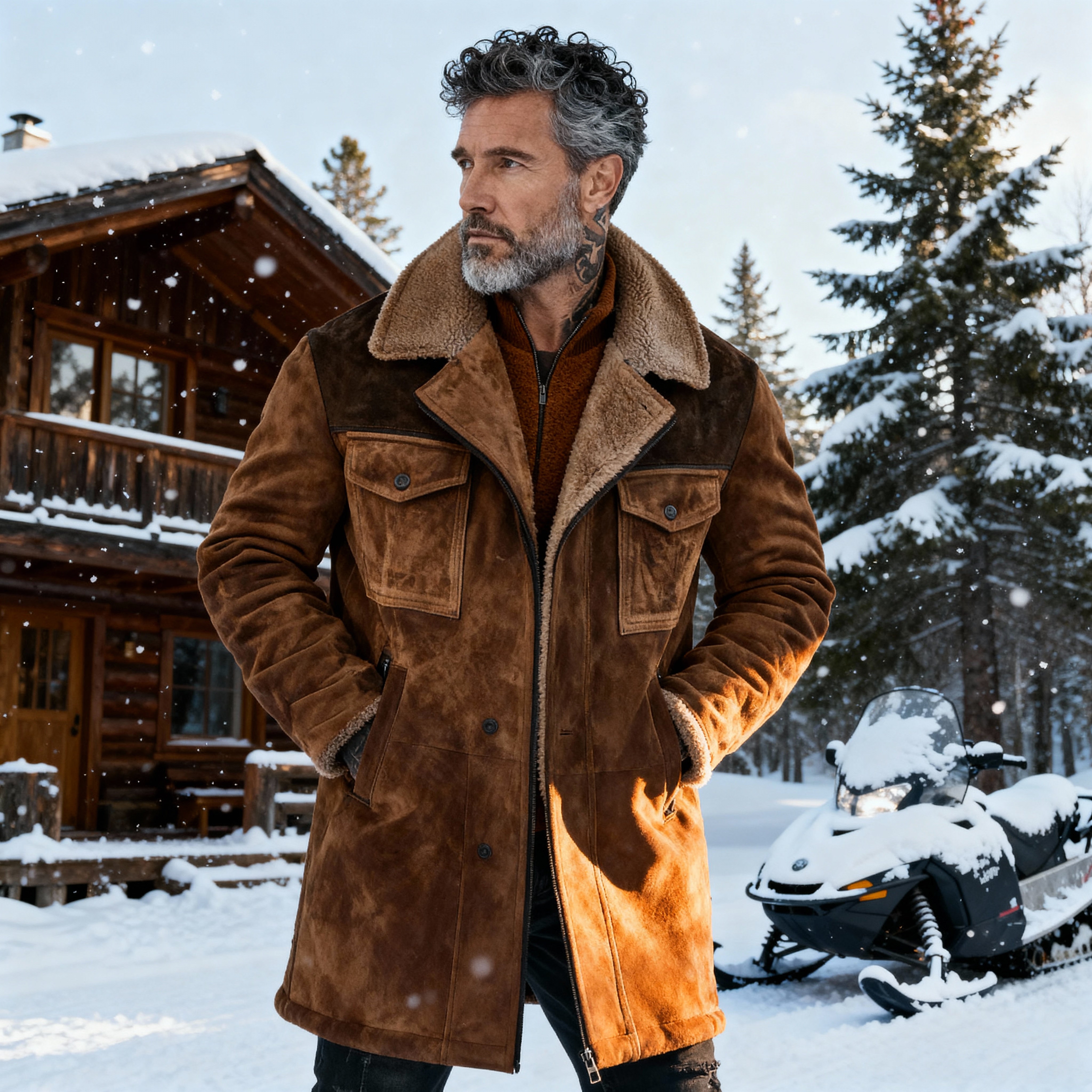 Declan | Colorblock Suede and Polar Fleece Lapel Mid - Length Coat - Rob Stevenson