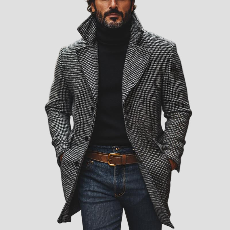 Asher | Classic Houndstooth Notch Lapel Single-Breasted Mid-Length Coat