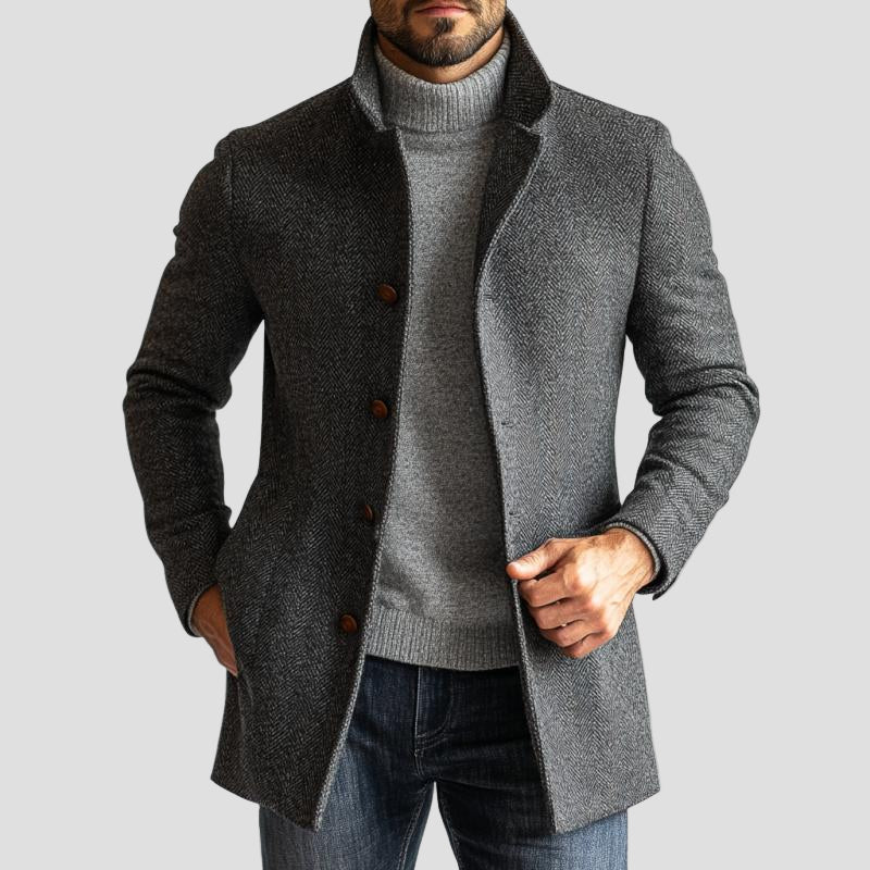Callum | Retro Herringbone Woolen Single-Breasted Mid-Length Coat