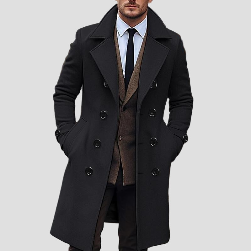 Sawyer | Solid Notch Lapel Double-Breasted Long Coat