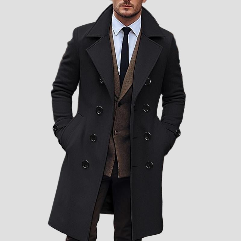 Sawyer | Solid Notch Lapel Double - Breasted Long Coat - Rob Stevenson
