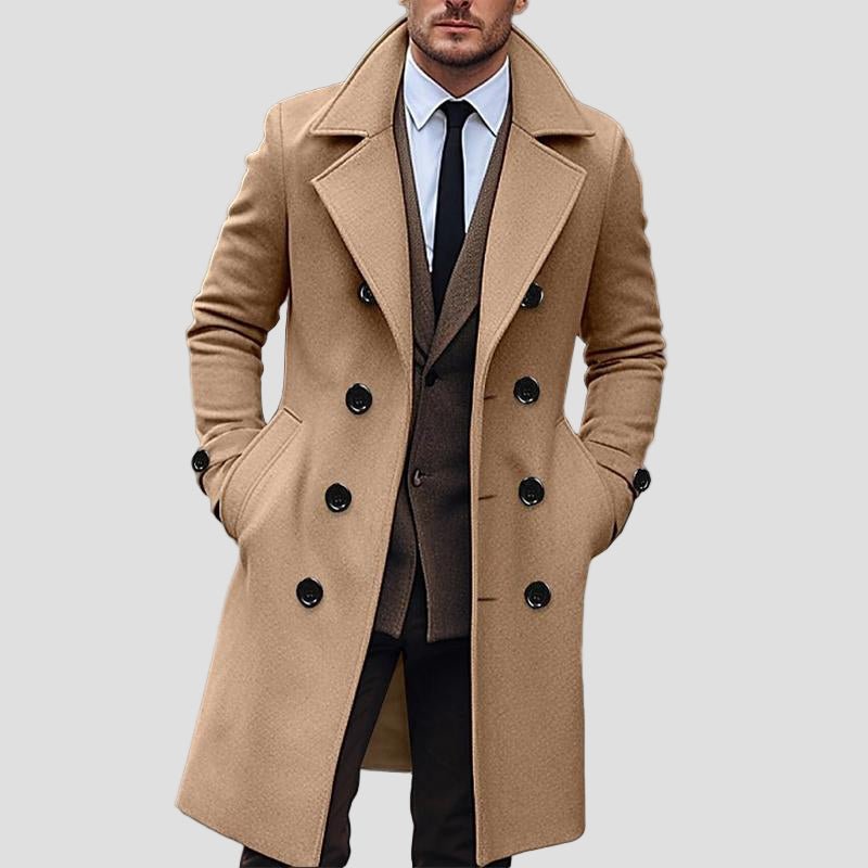 Sawyer | Solid Notch Lapel Double - Breasted Long Coat - Rob Stevenson