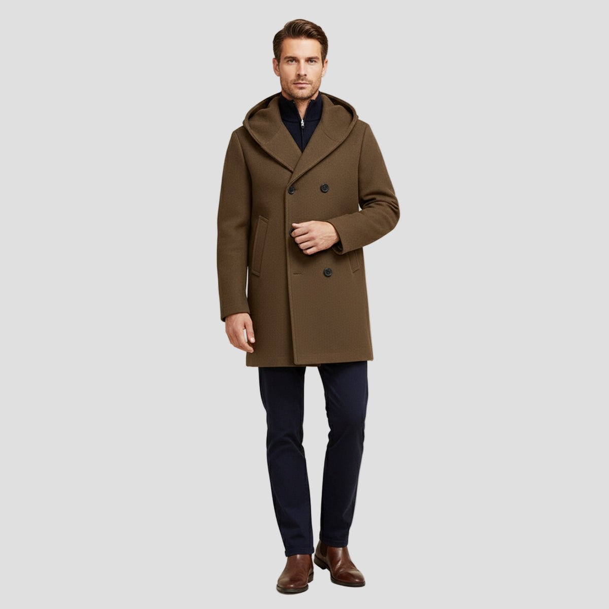 Rutherford | Double Breasted Hooded Trench Coat for Men - Rob Stevenson