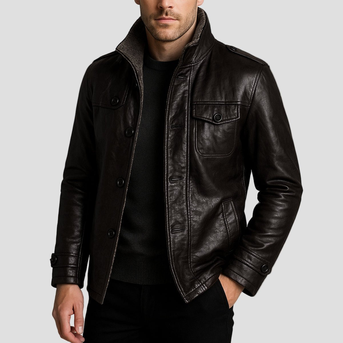 Lansbury | Leather Jacket with Fleece Lining and Stand Collar - Rob Stevenson