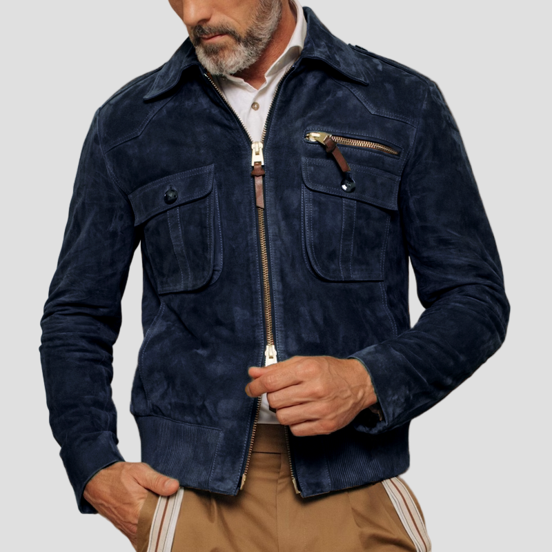 Hudson | Retro Lapel Zipper Breast Pocket Suede Jacket