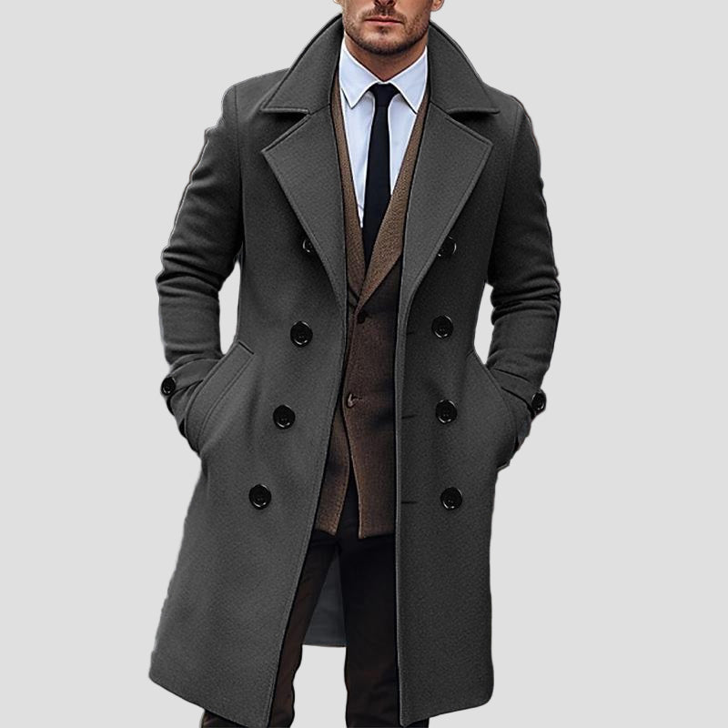 Sawyer | Solid Notch Lapel Double-Breasted Long Coat