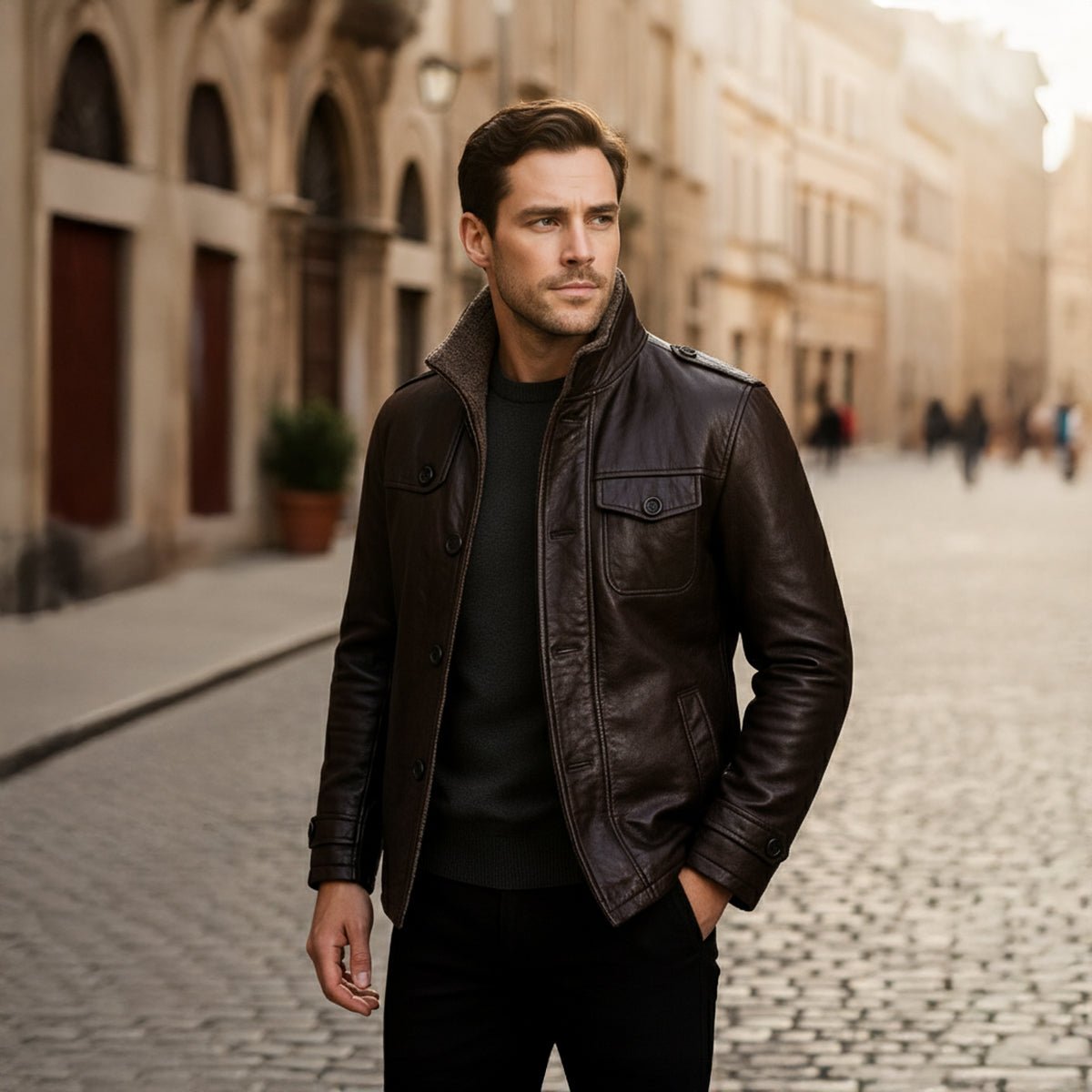 Lansbury | Leather Jacket with Fleece Lining and Stand Collar - Rob Stevenson