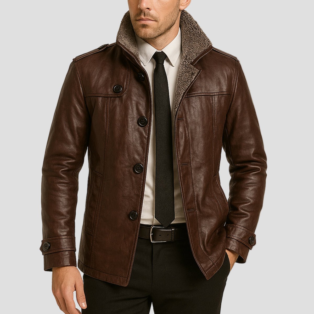 Lansbury | Leather Jacket with Fleece Lining and Stand Collar - Rob Stevenson
